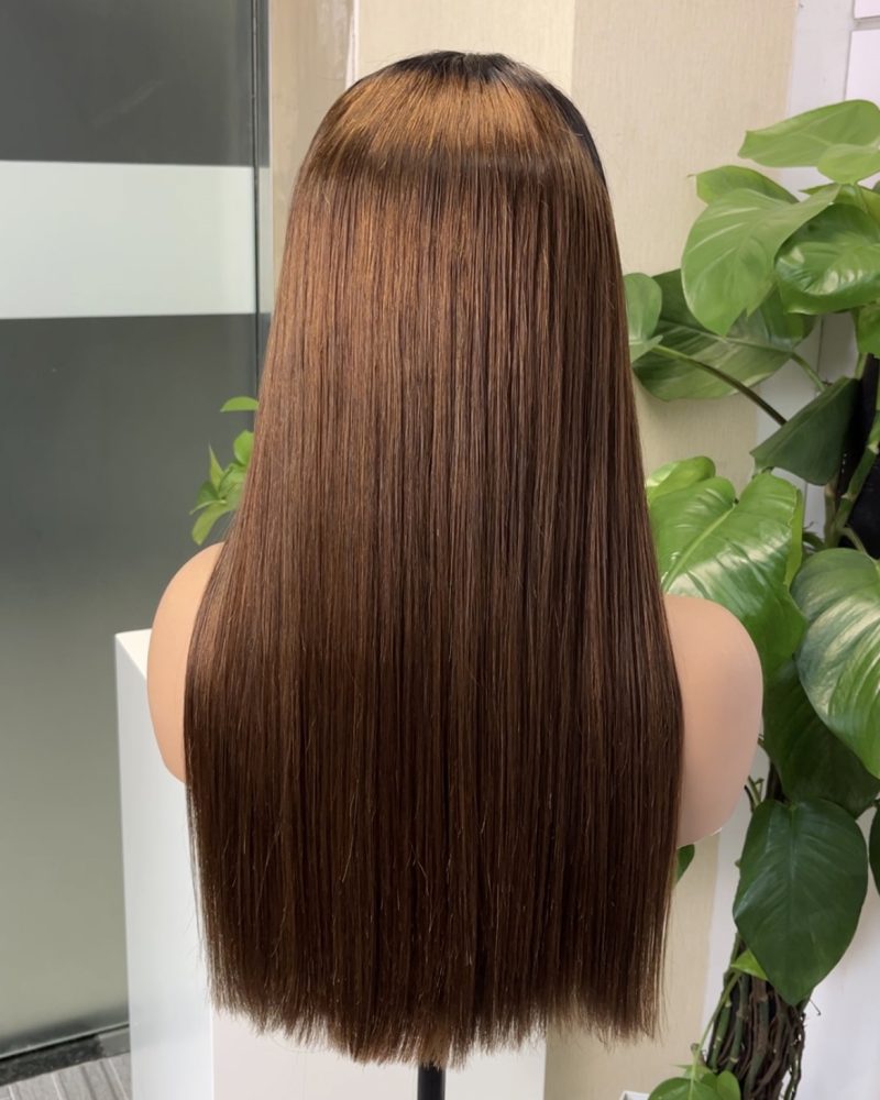 #4 Brown Double Drawn Bone Straight 13x4 Transparent Lace Full Frontal 300% Density Wig - 图片 4